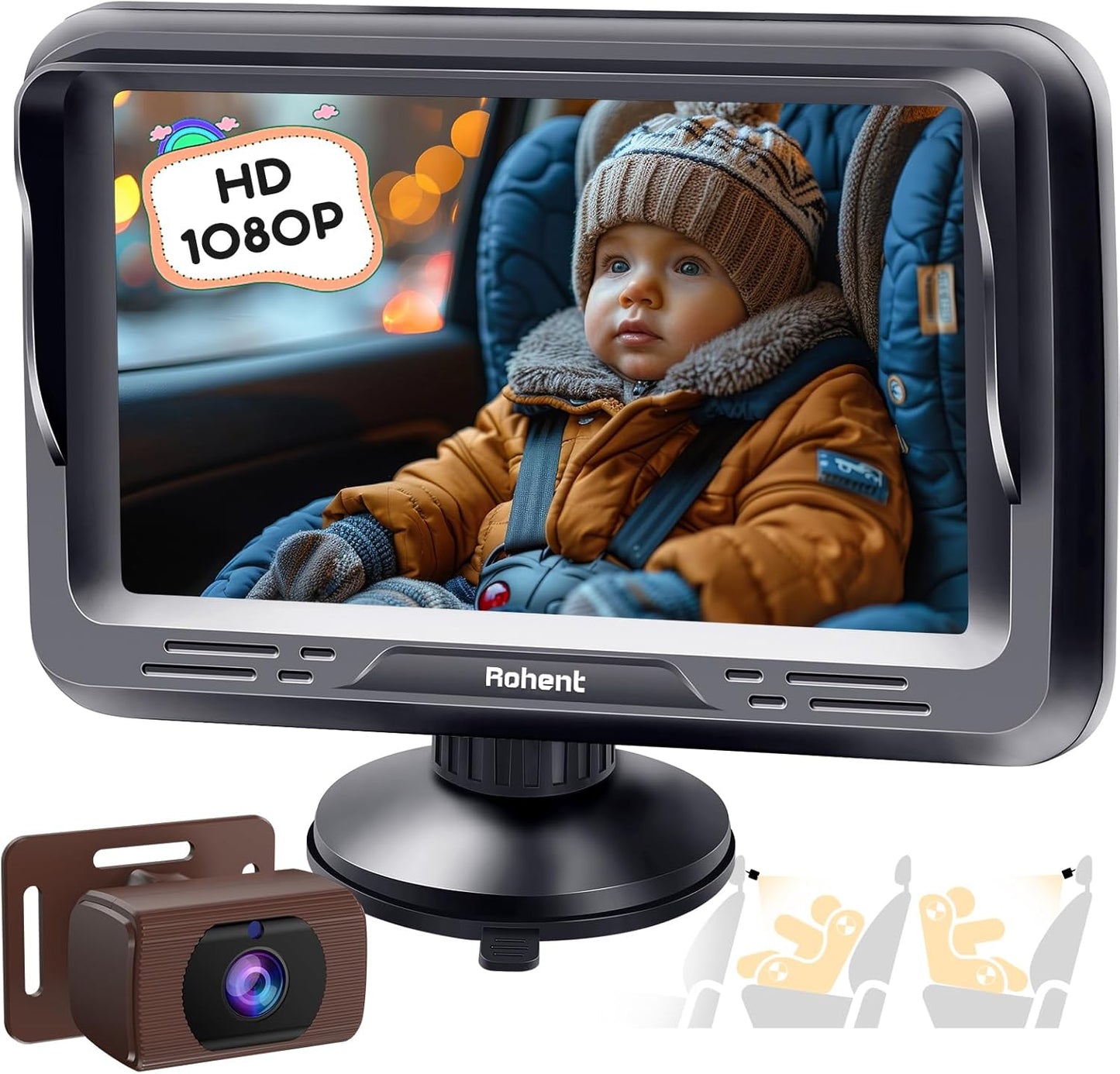 Rohent Baby Car Camera HD 1080P - Rear-Facing Infant Monitor with Night Vision Car Camera for Baby 150° Wide-Angle Lens Anti-Glare Screen Easy Install 360° Adjustable Display