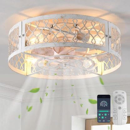 Garwarm Caged Low Profile Ceiling Fan with Lights and Remote, 20in Rustic Flush Mount Small Farmhouse Bladeless Ceiling Fan for Bedroom, Kitchen, Dining Room