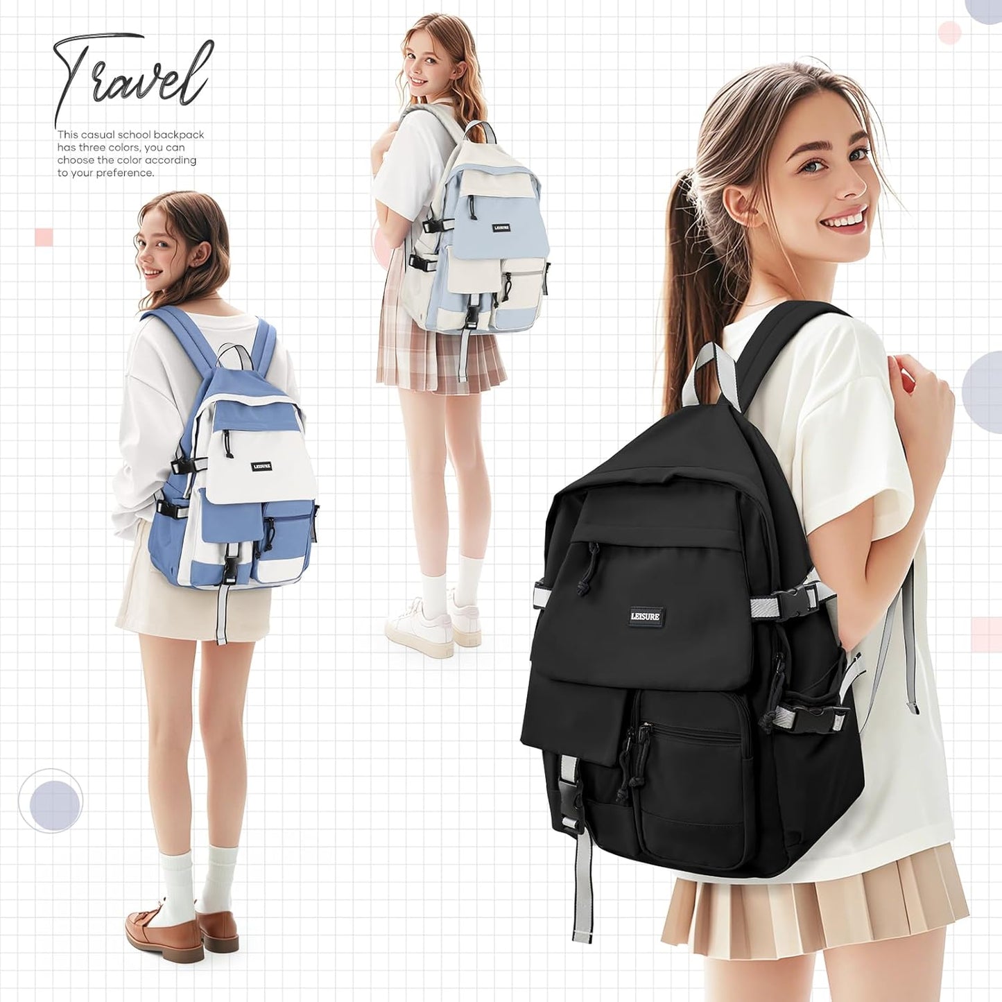 School Backpack for Women Men College High School Bags for Boys Girls Casual Daypack Laptop Backpack Waterproof Black Bookbag Travel Rucksack
