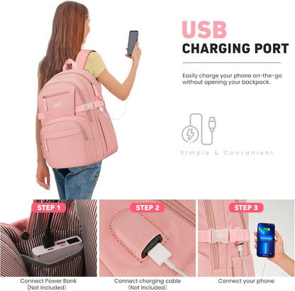 WINDARS Backpack for School Girls, Cute High School Backpacks for Teens Women Student Large Bookbag 15.6 Inch Laptop Bag with USB Charger Port for College Work Travel Trip (Beige Khaki)