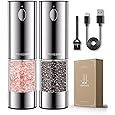 ThermoMaven Electric Salt and Pepper Grinder Set, 110ml Larger Rechargeable Automatic Salt and Pepper Mill Grinder with 6 Adjustable Coarseness, Electric Salt and Pepper Shakers, LED, 2 Packs, Silver