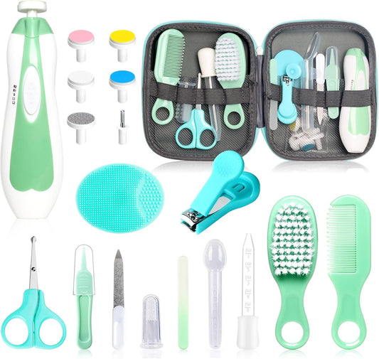 Baby Grooming Kit - 19 in 1 Nursery Essentials Baby Registry Shower Gift for Newborns, Infants, Toddlers, Boys, Girls Kids-Safety Baby Comb, Brush, Finger Toothbrush, Nail Clippers, Scissors(Green)
