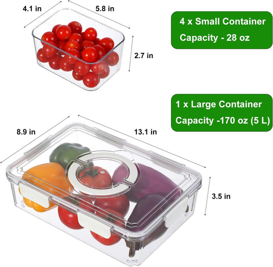 Taiuloo Divided Serving Tray with Lid & Handle, Airtight 4 Compartment Snackle Box Charcuterie Container, Fridge Organizer Bins, Food Storage Container Veggie Tray for Snack, Fruit, Salad, Nut - PuriLite