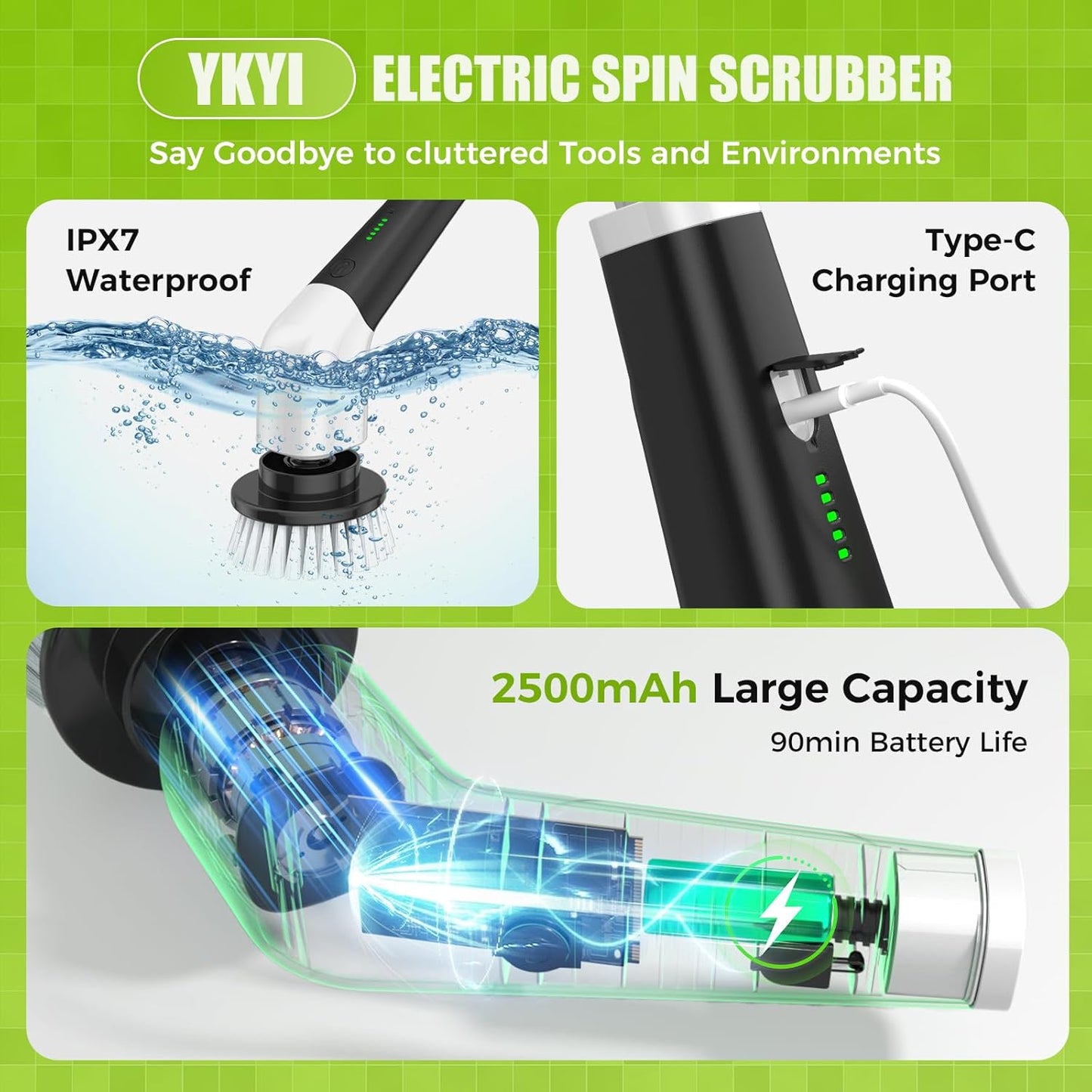 YKYI Electric Spin Scrubber,Cordless Electric Cleaning Brush,Shower Scrubber with 8 Replaceable Brush Heads,Power Scrubber 2 Adjustable Speeds,Bathroom Brush with Long Handle for Bathtub,Tile,Floor