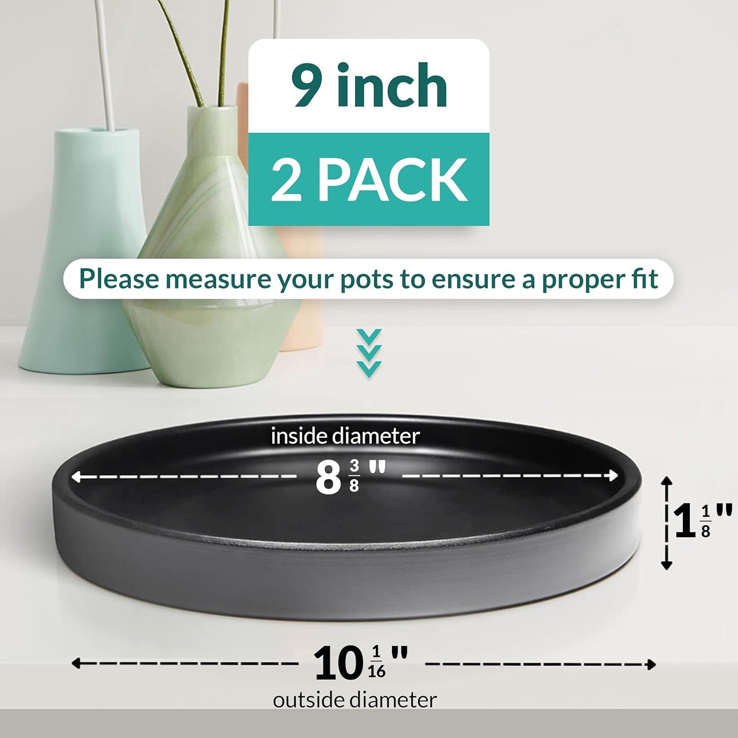 Heavy Duty Ceramic Black Plant Saucer - with Silicone Feet for Added Surface Protection - Scratch-Resistant Plant Drip Trays for Pots 8.3" at the Base or Less, Plant Plate, 7-8 Inch Plant Saucer