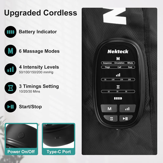 Nekteck Cordless Leg Compression Massager, Air Compression Massage Tools for Circulation and Pain Relief, Rechargeable Portable Full Leg Boots, Gifts for Mom Dad Men Women, Single Unit