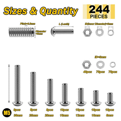 Mywish 900Pcs Metric Screw Assortment, M3 M4 M5 M6 Screw Assortment Kit 304 Stainless Steel Hex Socket Button Head Socket Cap Metric Screws Bolts & Flat Washers/Nuts/Hex Wrenches 16 Sizes 8MM to 20MM