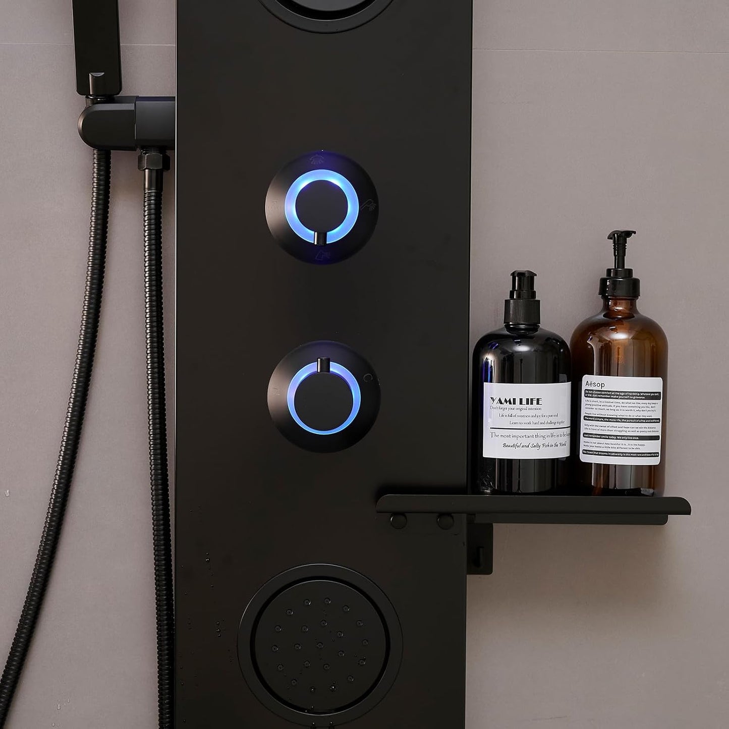 BATHLAVISH LED Black Shower Panels, Shower Tower with Storage Shelf 304 Stainless Steel System with Rainfall Shower Head with Handheld Massage Body Jets Bathroom Matte Black Waterfall Bathtub