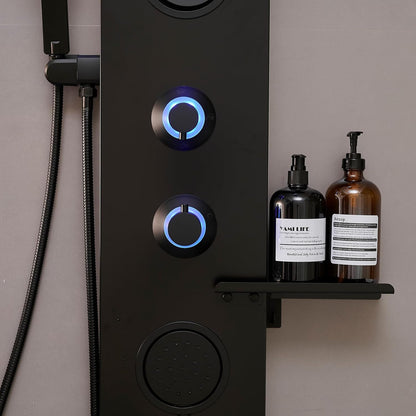 BATHLAVISH LED Black Shower Panels, Shower Tower with Storage Shelf 304 Stainless Steel System with Rainfall Shower Head with Handheld Massage Body Jets Bathroom Matte Black Waterfall Bathtub