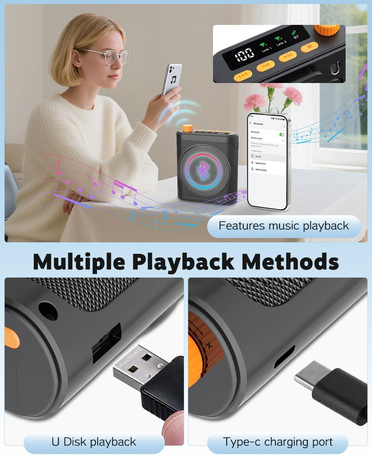 Tearstone Voice Amplifier for Teachers with Bluetooth, Dual Magnetic Mics Portable Rechargeable Speaker with Clip-On Lapel Microphones for Classroom, Tour Guide, Public Speaking, Training (Black)