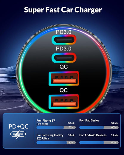 Car Charger USB C, 4-Port 90W Super Fast Charging Car Phone Charger Accessories Dual USB-C & USB-A Cargador Carro Cigarette Lighter Adapter for iPhone 17 16 15 14 13 12, iPad, Galaxy, Tablet, Android