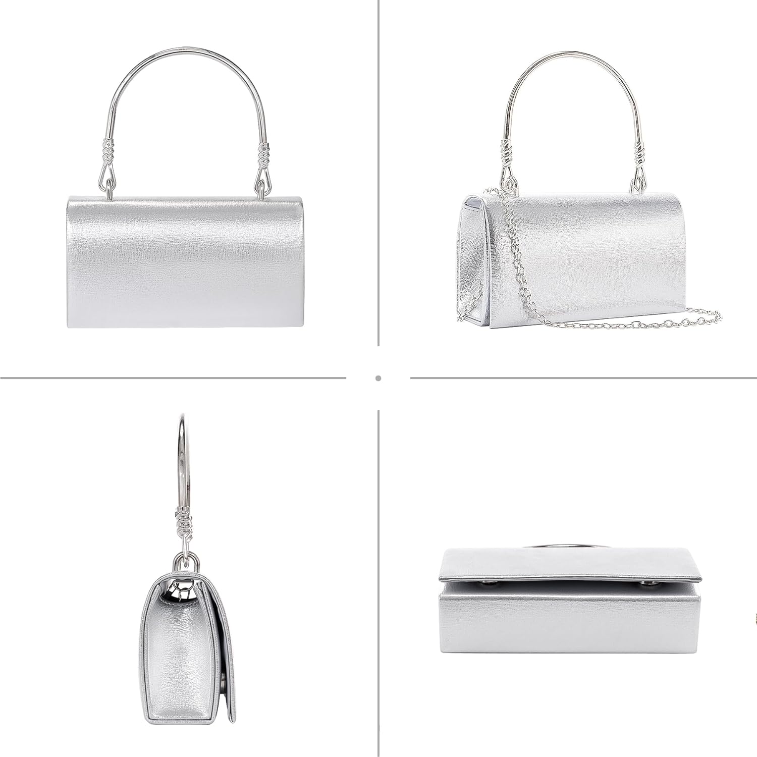 Larcenciel Clutch Purses for Women, Elegant Metallic Silver Evening Handbags with 2 Chain Straps, Fashion Vegan Leather Ladies Party Bags for Prom Wedding Cocktail Club Formal Events Nights Out, Small - PuriLite