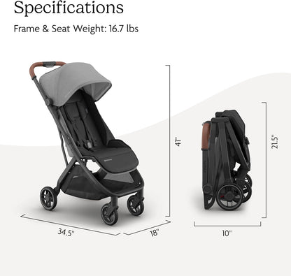 UPPAbaby Minu V3 Travel Stroller | Lightweight + Compact Design | One-Hand Fold + Unfold | From Birth + Overhead Compatible | Greyson (Charcoal Mélange/Carbon Frame/Saddle Leather)