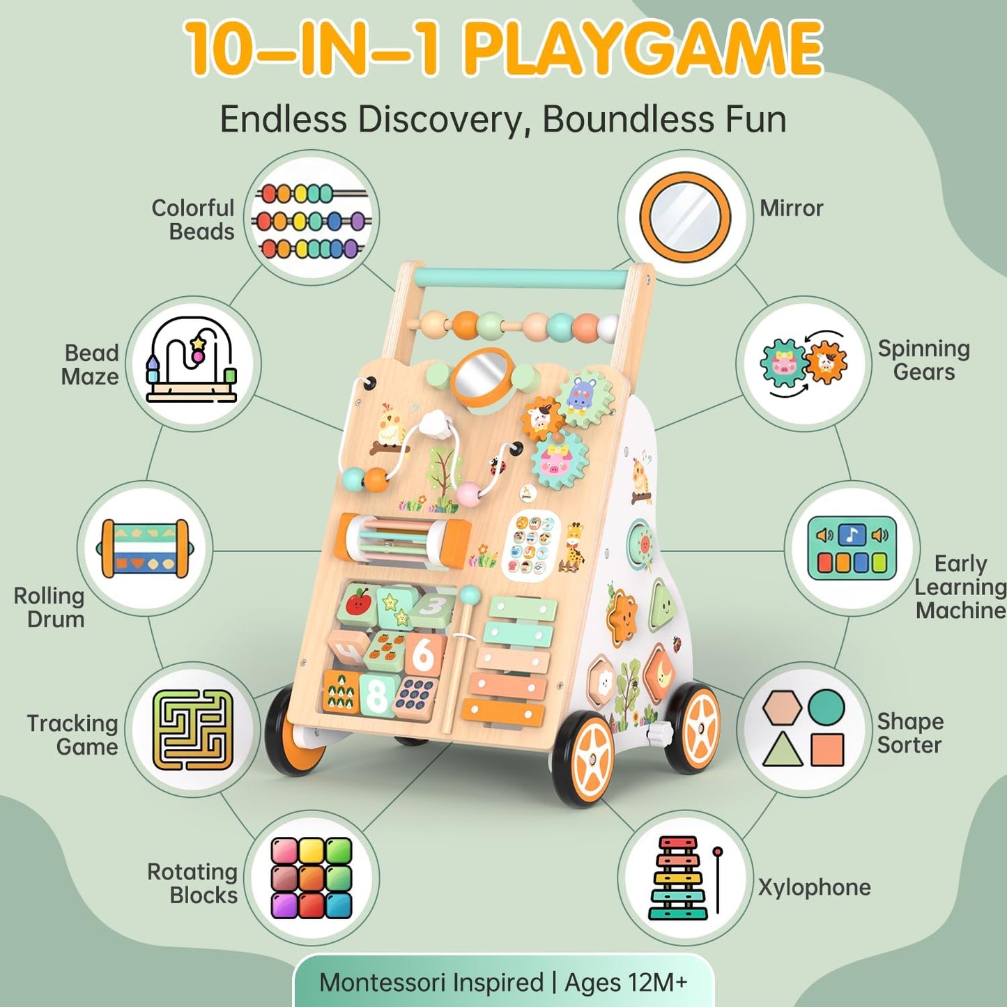 Weilim Wooden Baby Walker, 10-in-1 Montessori Push Walker for Toddlers 1+ Activity Center with Xylophone, Shape Sorter, Gears | Adjustable Speed & Height | Natural Wood Learning Walking Toy