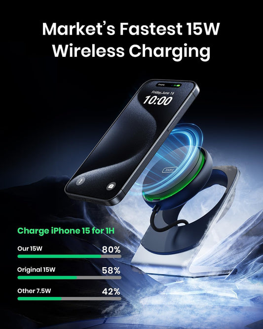 INIU Wireless Charger, 15W Fast Charging Magnetic Wireless Charger Stand, Travel Essential Wireless Charging Station with Sleep-Friendly Adaptive Light, for iPhone 16/15/14/13/12 Series, Airpods - PuriLite