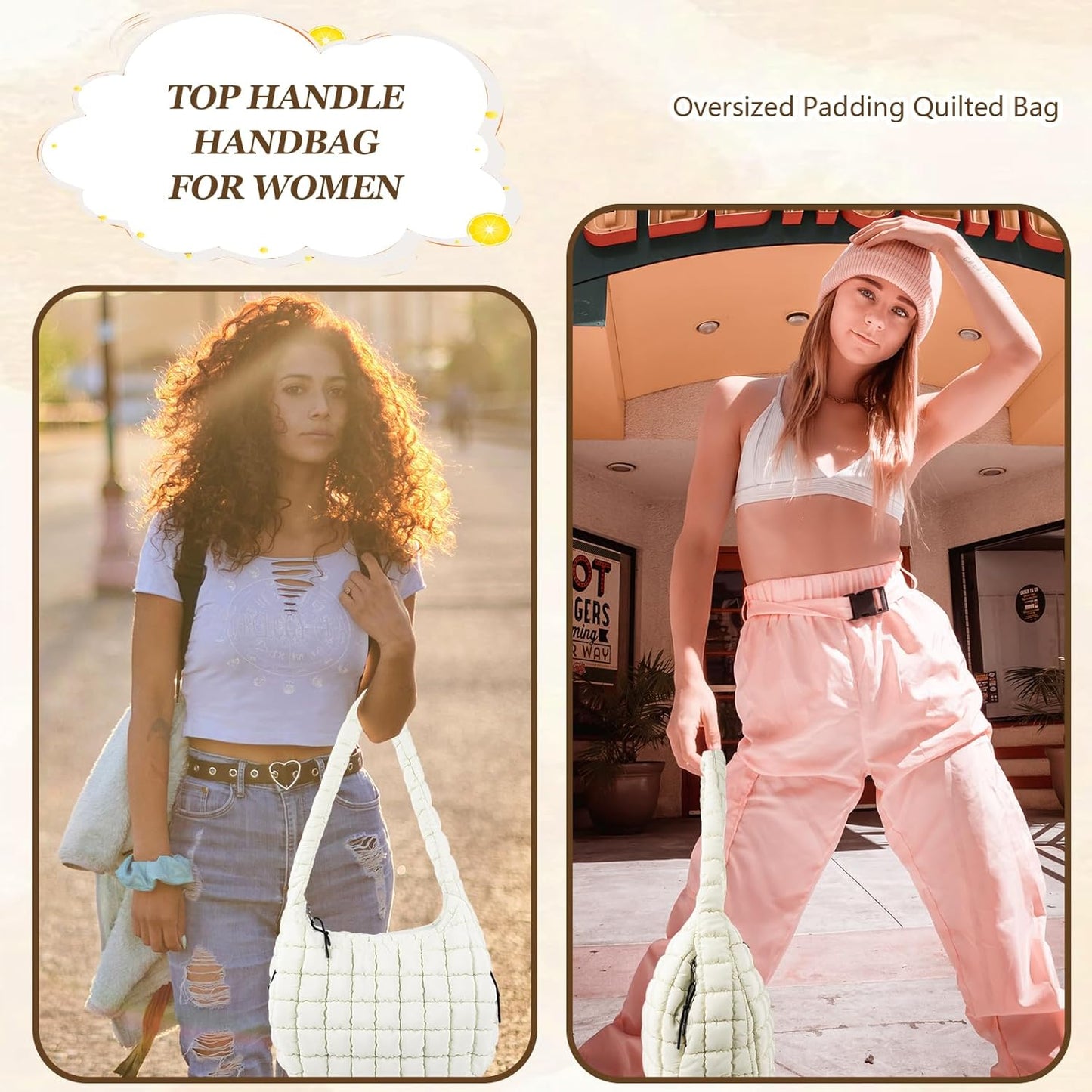 Quilted Puffer Tote Bag Large Crossbody Shoulder Bag with Zipper, Nylon Hobo Oversized Handbag