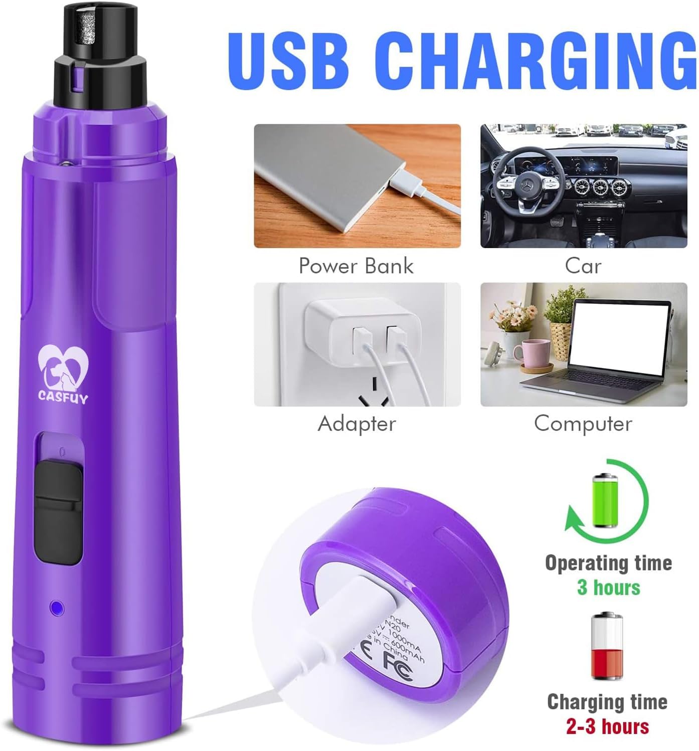 Casfuy Dog Nail Grinder with LED Light - Upgraded 2-Speed Electric Pet Nail Trimmer Powerful Painless Paws Grooming & Smoothing for Small Medium Large Dogs & Cats (Purple)
