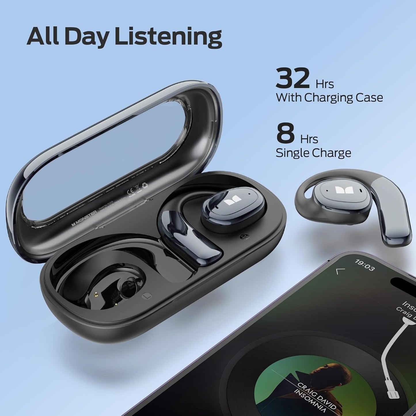 Monster Wireless Earbuds Open Ear AC311, Bluetooth 5.4 Open Ear Headphones, Up to 30 Hours Playtime Bluetooth Ear Earphones with Stereo Sound, Touch Control and IPX5 Waterproof Open Ear Buds