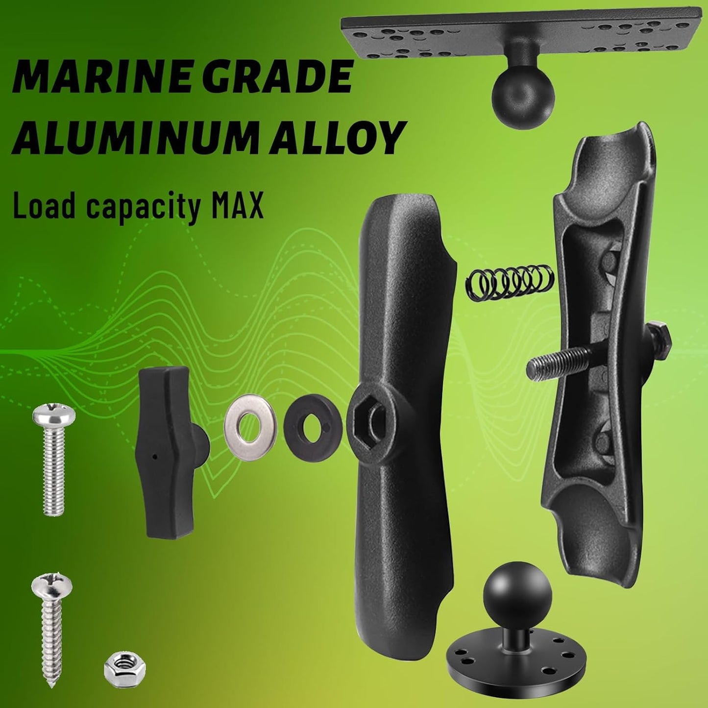 RomHaus Marine-Grade Metal Fish Finder Mount for Boat with B Size Ball 1"/25mm, 5.91" Arm and Universal Fish Finder Mounting Plate, Drilled Base, Compatible with Garmin, Lowrance, Humminbird and More