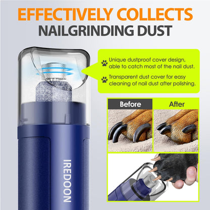 IREDOON Dog Nail Grinder Upgraded - Professional 3-Speed Super Quiet and Low Vibration Electric Pet Nail Grinder with 4 LED Lights - Painless Paws Grooming & Smoothing for Small to Large Dogs (Blue)