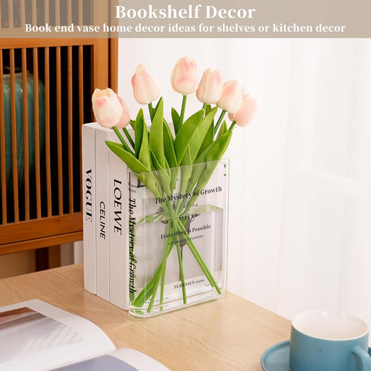 Puransen Clear Bookend Vase for Flowers - Aesthetic Room Decor for Modern Home/Office, Minimalist Shelf Organizer with Floral Display, for Book Lovers & Interior Design Enthusiasts - PuriLite