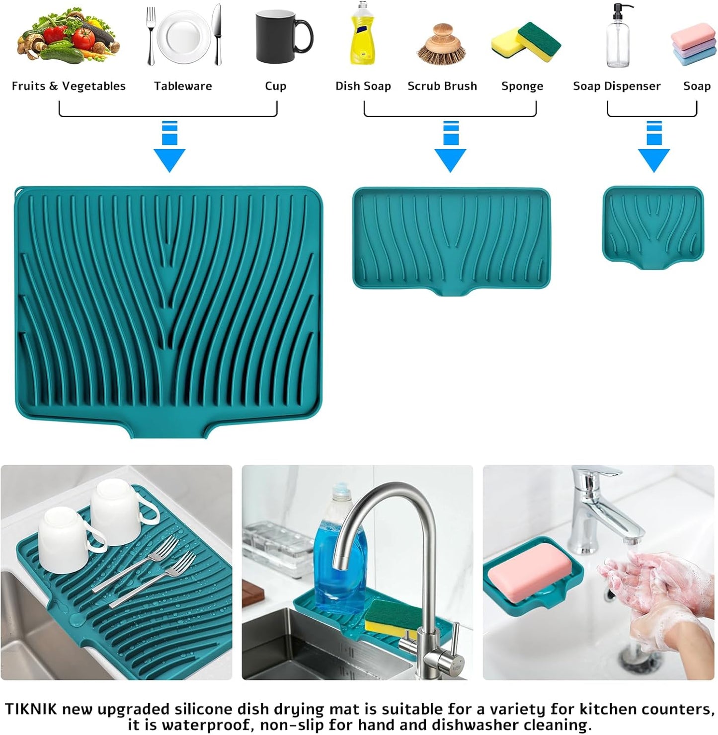 TIKNIK Silicone Dish Drying Mat for Kitchen Counter, Dish Drying Pad, Non-Slip Drain Pad with Built-in Drain, Heat Resistant Stone Drying Mat(40 L x 33 W cm, Grey)