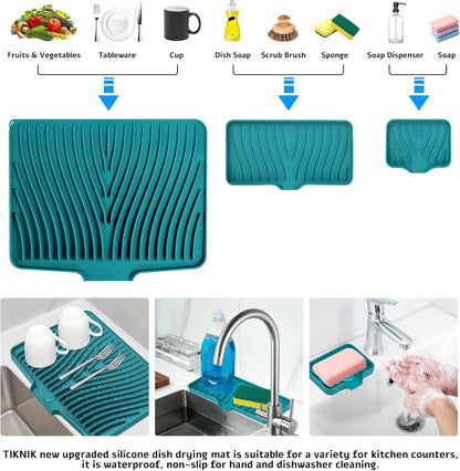 TIKNIK Silicone Dish Drying Mat for Kitchen Counter, Dish Drying Pad, Non-Slip Drain Pad with Built-in Drain, Heat Resistant Stone Drying Mat(40 L x 33 W cm, Grey)