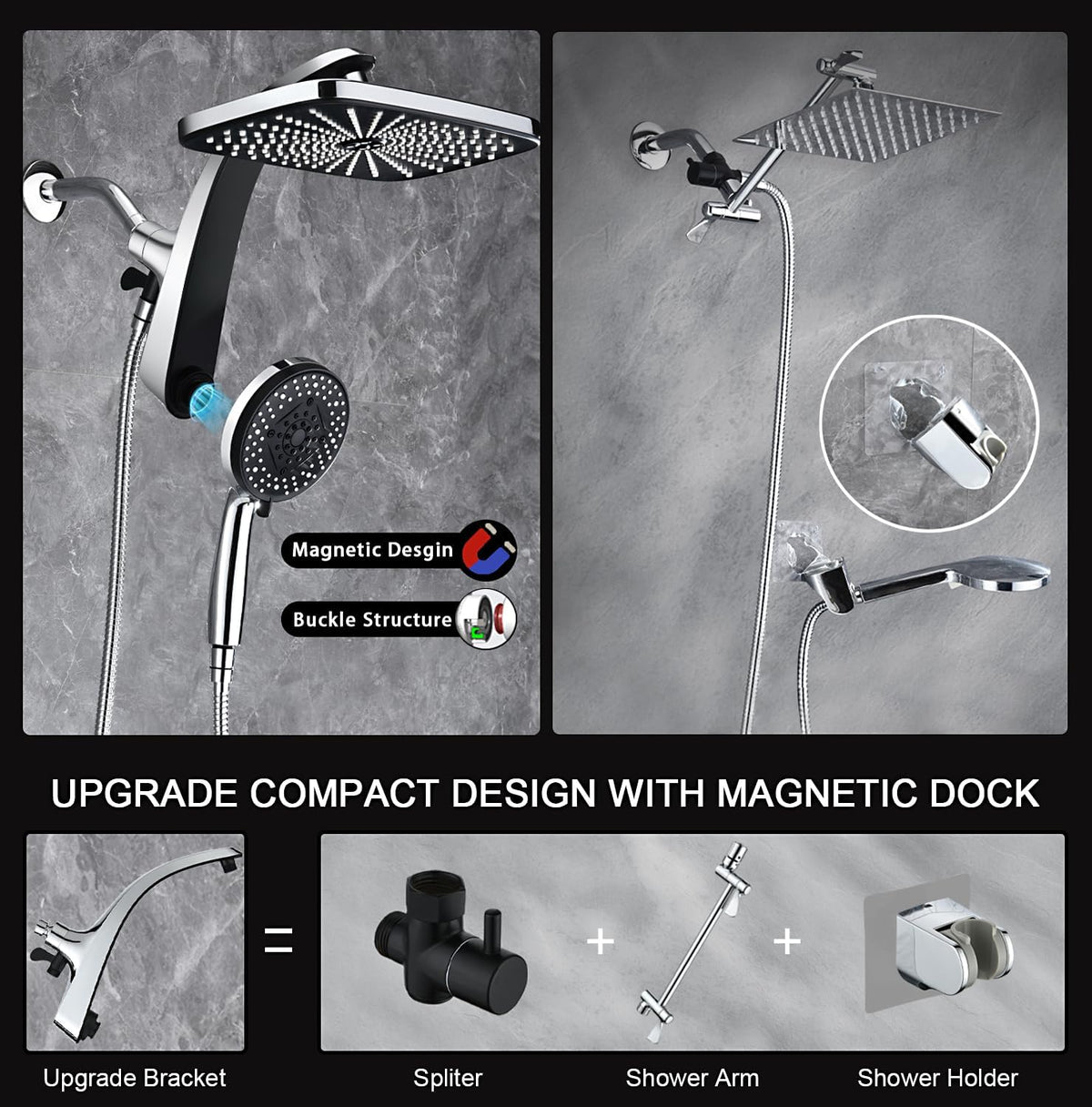 12" High Pressure Rain Shower Head with Handheld, 9 Sprays Hand Showerhead