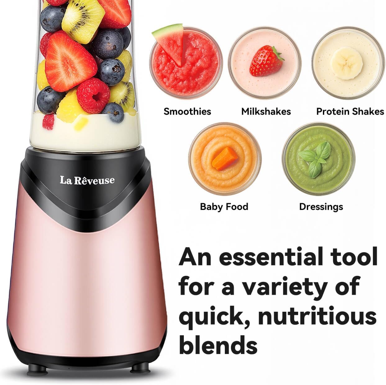 La Reveuse Smoothie Blender Personal Size 300 Watts with 2 Pieces 18 oz BPA-Free Travel Sports Bottles,Grey