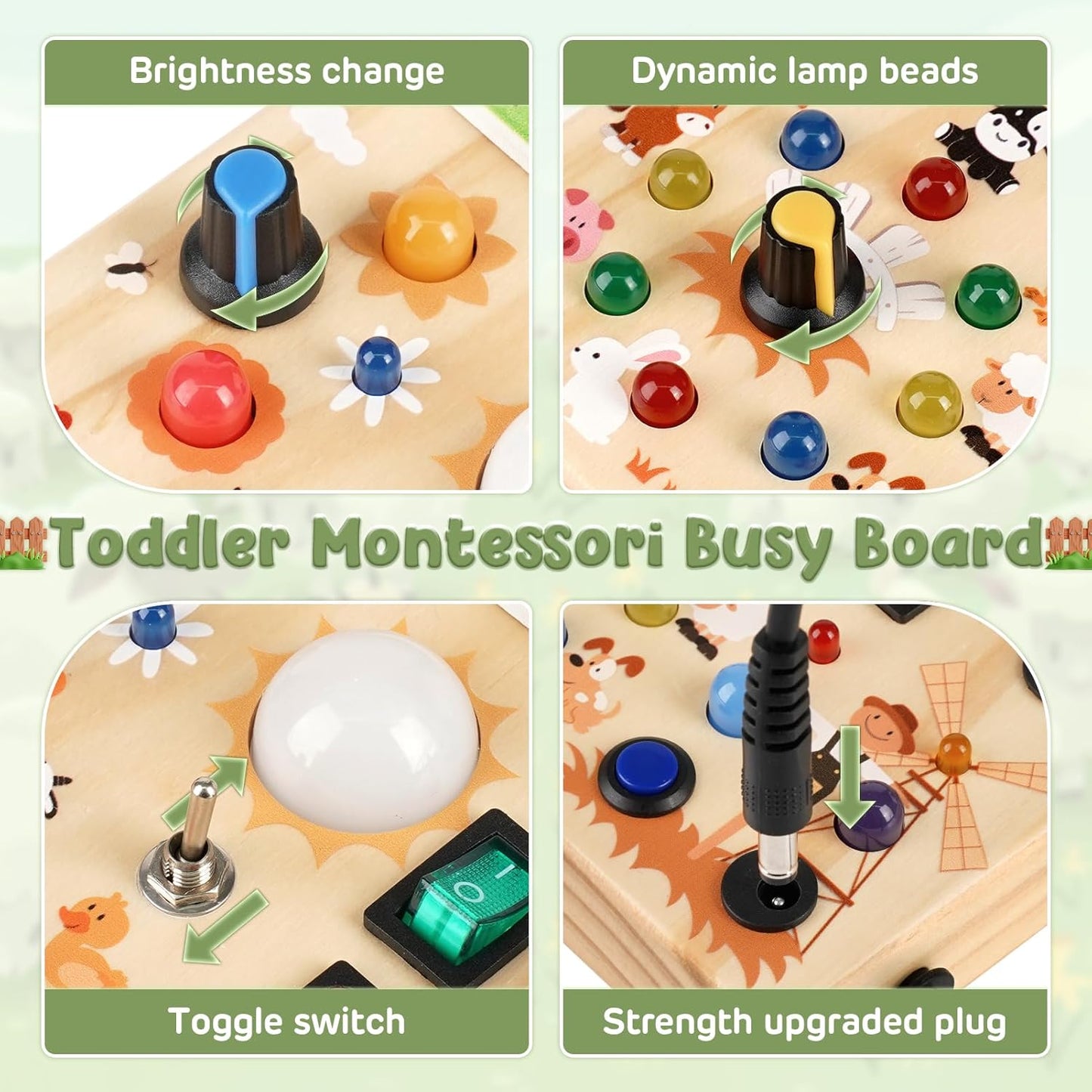 Joyreal Montessori Busy Board Wooden Sensory Toys for Toddler with LED Light Up Switch, Baby Fidget Board Travel Toys for 18+ Months, Boys Girls Birthday