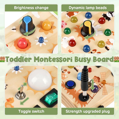 Joyreal Montessori Busy Board Wooden Sensory Toys for Toddler with LED Light Up Switch, Baby Fidget Board Travel Toys for 18+ Months, Boys Girls Birthday