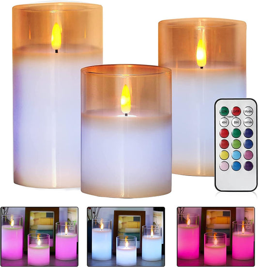 LED Candle Lights, 3 Pack Flameless Candles Flickering Battery Operated Candles LED Candles Lamp, Flashing, Wedding, Festival, Home Decoration Glass LED Pillar Candles with Remote Control & Timer