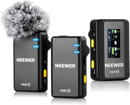 NEEWER CM28 Wireless Lavalier Microphone System with Charging Case, 1 Click Noise Canceling, 4GB Storage for 9Hrs of 48KHz 16 Bit Uncompressed Audio Lapel Mic Compatible with iPhone/Android/PC/Camera