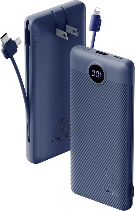 Portable Charger Built-in Cables and AC Wall Plug, VRURC USB C Power Bank 10000mAh, [2025 Upgraded Version] Phone Charger Compact Lightweight External Battery Pack for Smart Phones,Navy Blue