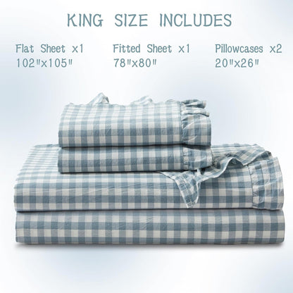 KKJIAF 3 Pieces Plaid Ruffle Twin Bed Sheets, Gingham Twin Sheet Set Comfy Breathable Ruffed Bed Sheet Set with 16 Inch Deep Pocket, Dusty Blue