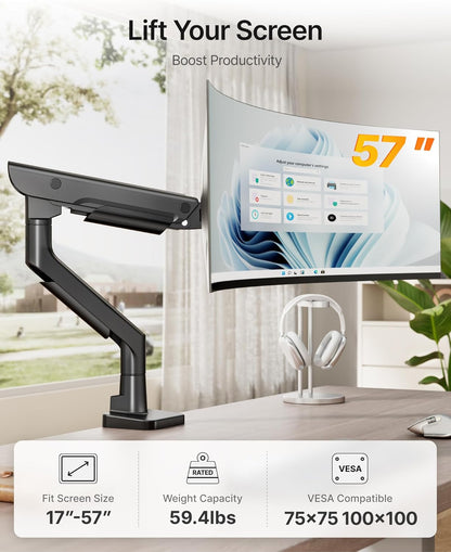 monTEK Premium Aluminum Monitor Arm for 17–57” Ultrawide Screens up to 59 lbs, USB 3.0 Single Desk Mount with Adjustable Gas Spring, Quick-Release Plate, 10-Min Assembly, Clamp/Grommet, VESA 100x100
