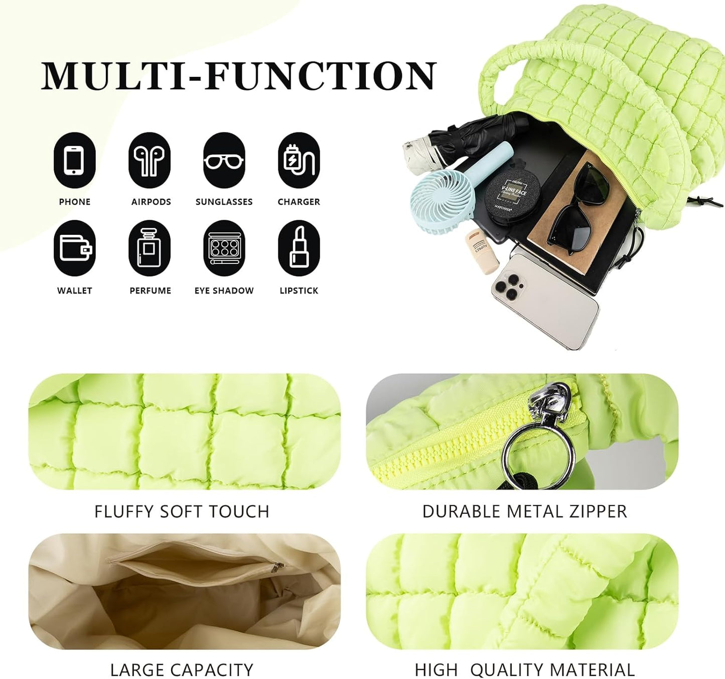 Quilted Puffer Tote Bag Large Crossbody Shoulder Bag with Zipper, Nylon Hobo Oversized Handbag