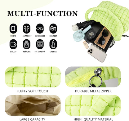 Quilted Puffer Tote Bag Large Crossbody Shoulder Bag with Zipper, Nylon Hobo Oversized Handbag