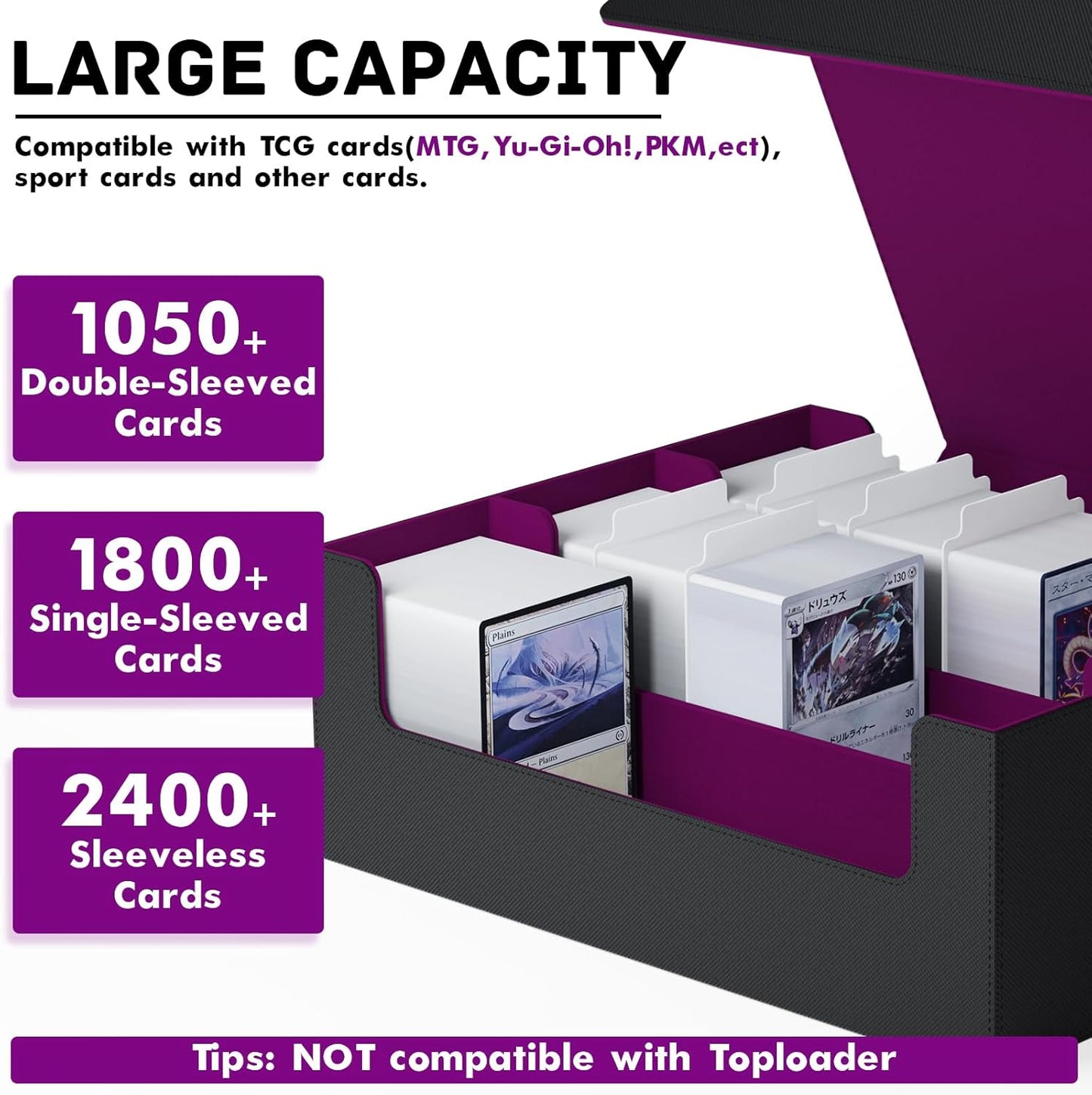 ZLCA Card Storage Box for MTG PTCG, Commander Deck Box Holds 3000+ Cards, Card Storage Case with 4 Stoppers, Card Organizer for TCG Sport Cards (Black)