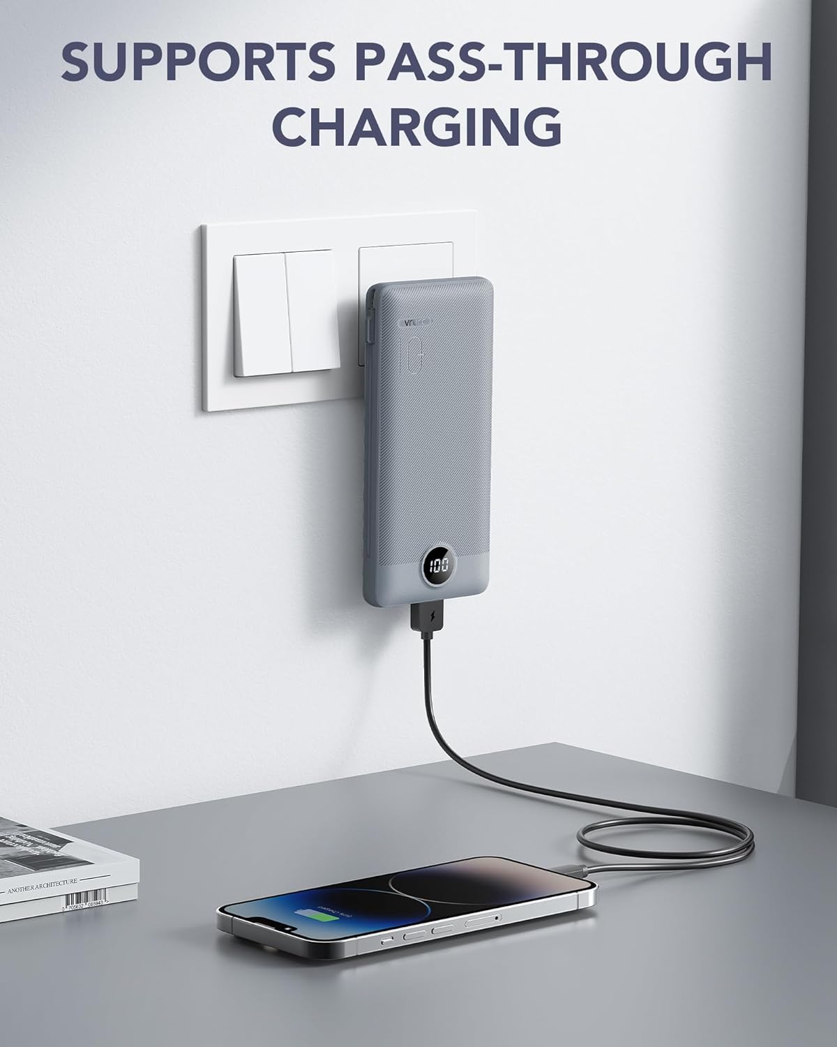 Portable Charger Built-in Cables and AC Wall Plug, VRURC USB C Power Bank 10000mAh, [2025 Upgraded Version] Phone Charger Compact Lightweight External Battery Pack for Smart Phones,Navy Blue