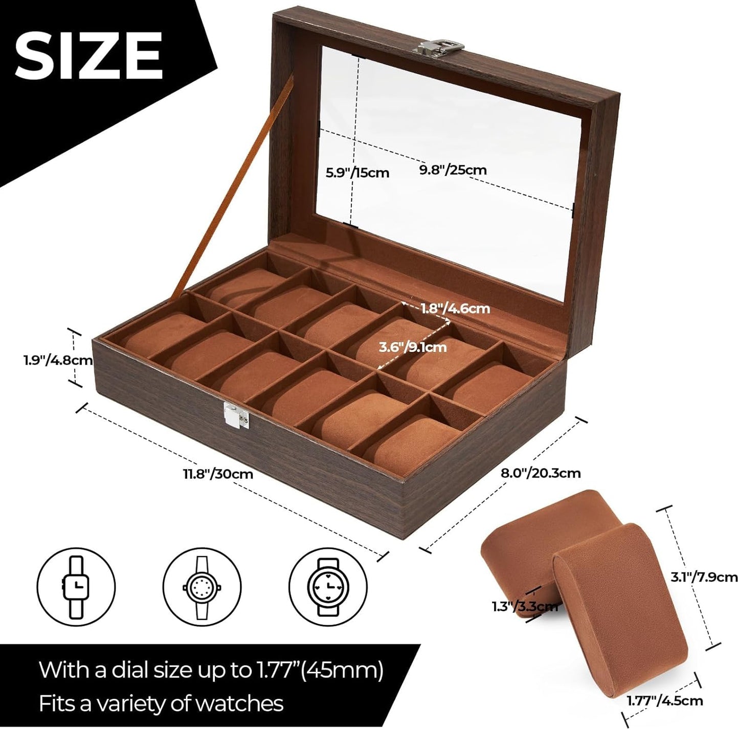 Ohuhu Watch Box Organizer for Men -12 Slot Leather Watch Case with Real Glass Lid Watch Display Case, Watch Organizer Jewelry Storage Box