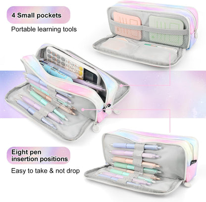 Big Capacity Pencil Case, OLIYuMi 3 Compartment Pencil Pouch Pencil Bag Storage Box Stationery Organizer Makeup Bag with Zipper Closure for Student Office College Boys and Girls (Pink)