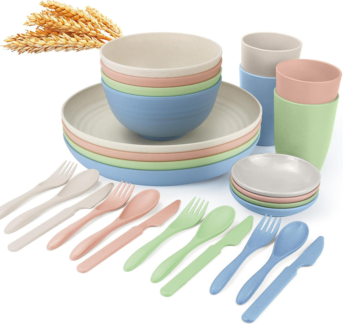 Wrova wheat straw bowls,plates,cups and cutlery sets 28 pcs - Reusable plastic dinnerware sets microwave safe and dishwasher safe - Ideal dish sets for kitchen, camping, indoors and out doors.Nordic