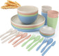 Wrova wheat straw bowls,plates,cups and cutlery sets 28 pcs - Reusable plastic dinnerware sets microwave safe and dishwasher safe - Ideal dish sets for kitchen, camping, indoors and out doors.Nordic