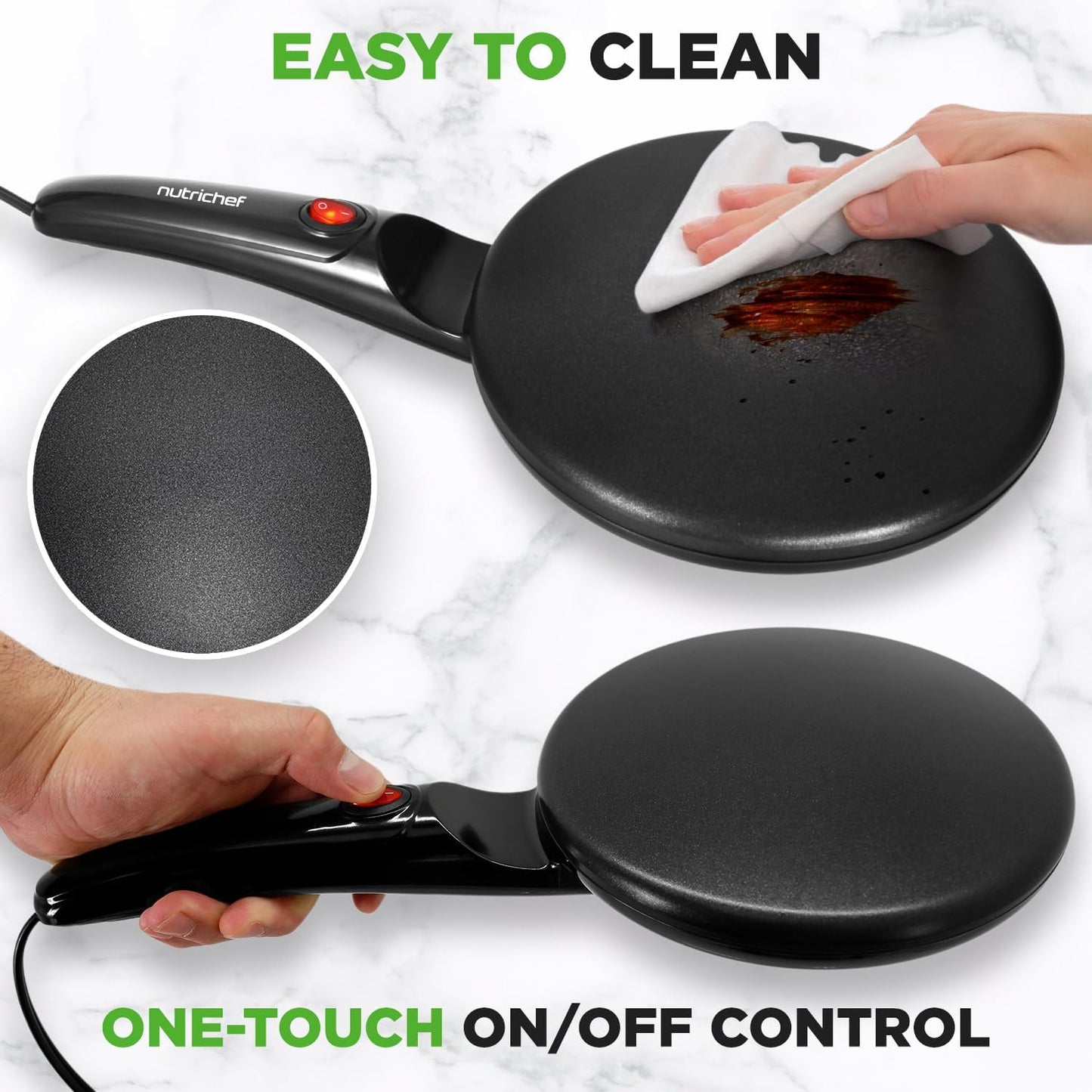 NutriChef Electric Crepe Maker, Cooks Roti, Tortillas, Pancakes, Nonstick Cooktop, 8-inch Cook Area On/Off Switch, Automatic Temperature Control & Cool Touch Handle, Includes Food Bowl, Whisk, Spatula