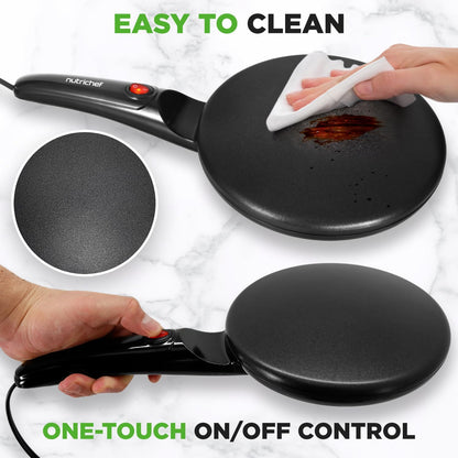 NutriChef Electric Crepe Maker, Cooks Roti, Tortillas, Pancakes, Nonstick Cooktop, 8-inch Cook Area On/Off Switch, Automatic Temperature Control & Cool Touch Handle, Includes Food Bowl, Whisk, Spatula