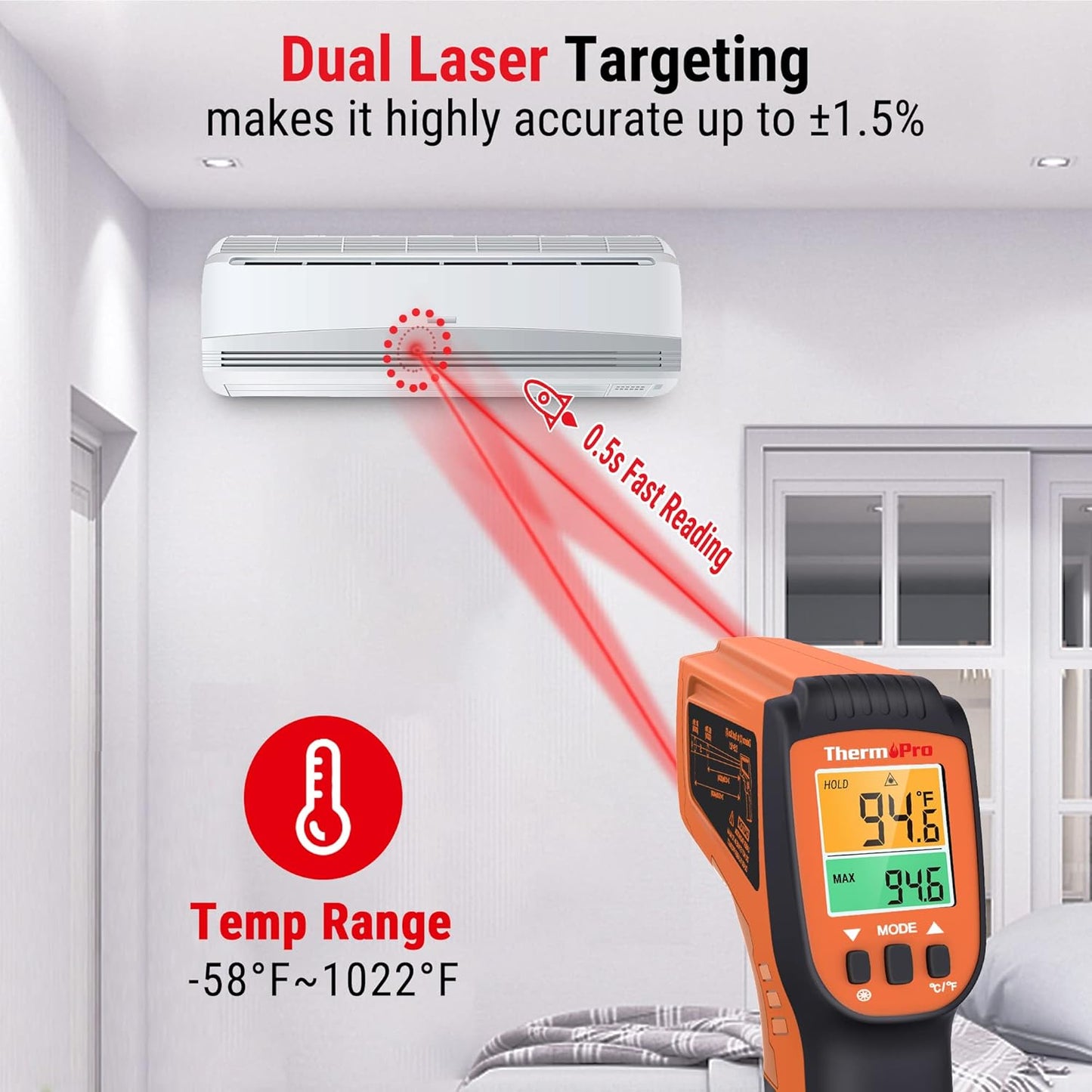 ThermoPro TP30 Infrared Thermometer Gun, Non Contact Temperature Gun with Adjustable Emissivity, Laser Thermometer Gun for Cooking, Pizza Oven, Griddle, Engine, HVAC -58°F ~1022°F (Not for Human)