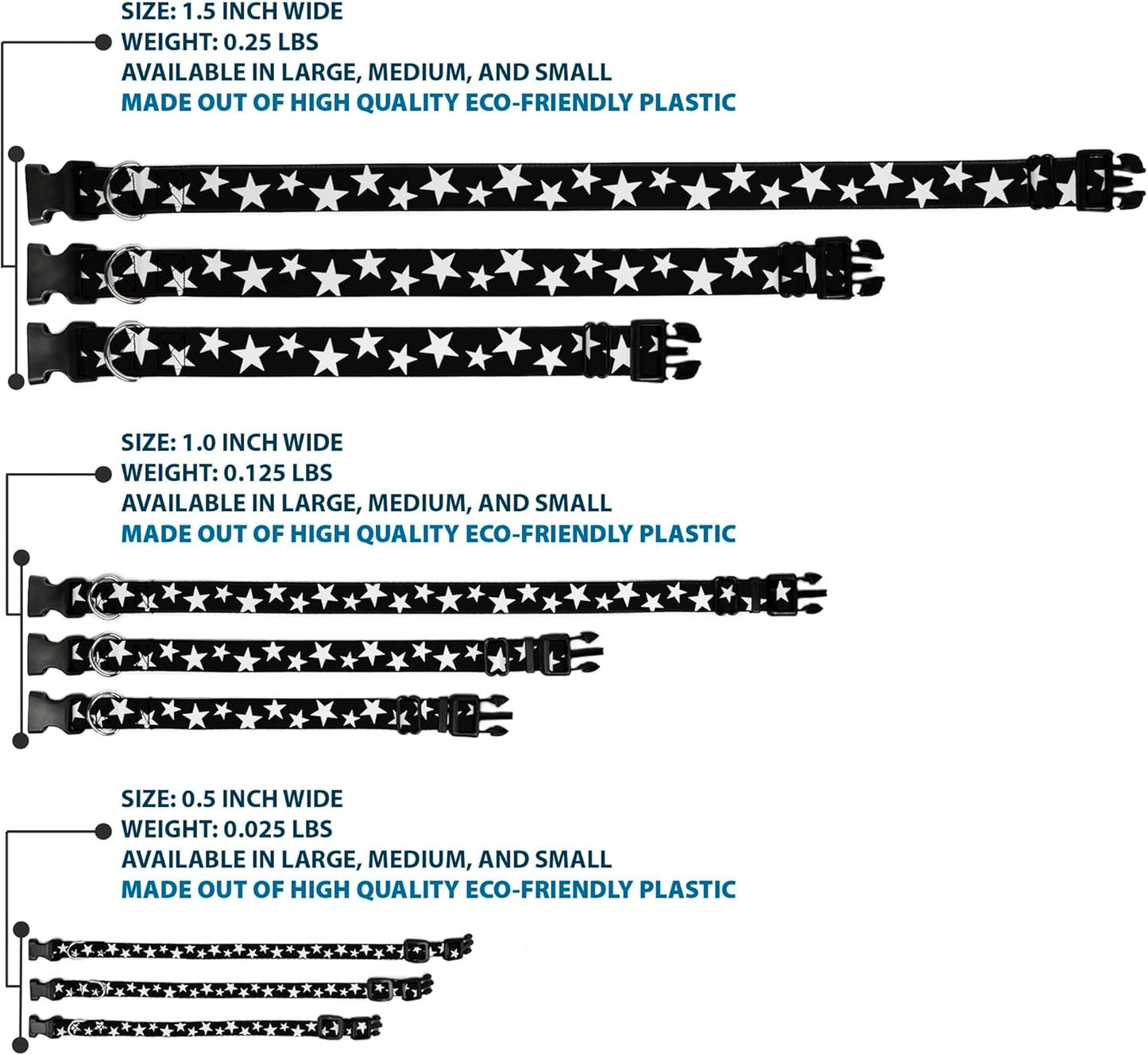 Buckle-Down PC-W21909-M Dog Collar Plastic Clip Buckle, 1"x11"-17", Star Black/White