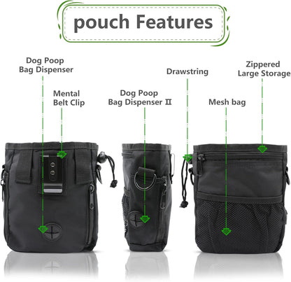 MGKSHADOW Dog Treat Pouch 1pc, Pet Training Clicker 2 pcs, Pet Treat Pouch, Built-in Poop Bag Dispenser (Black)