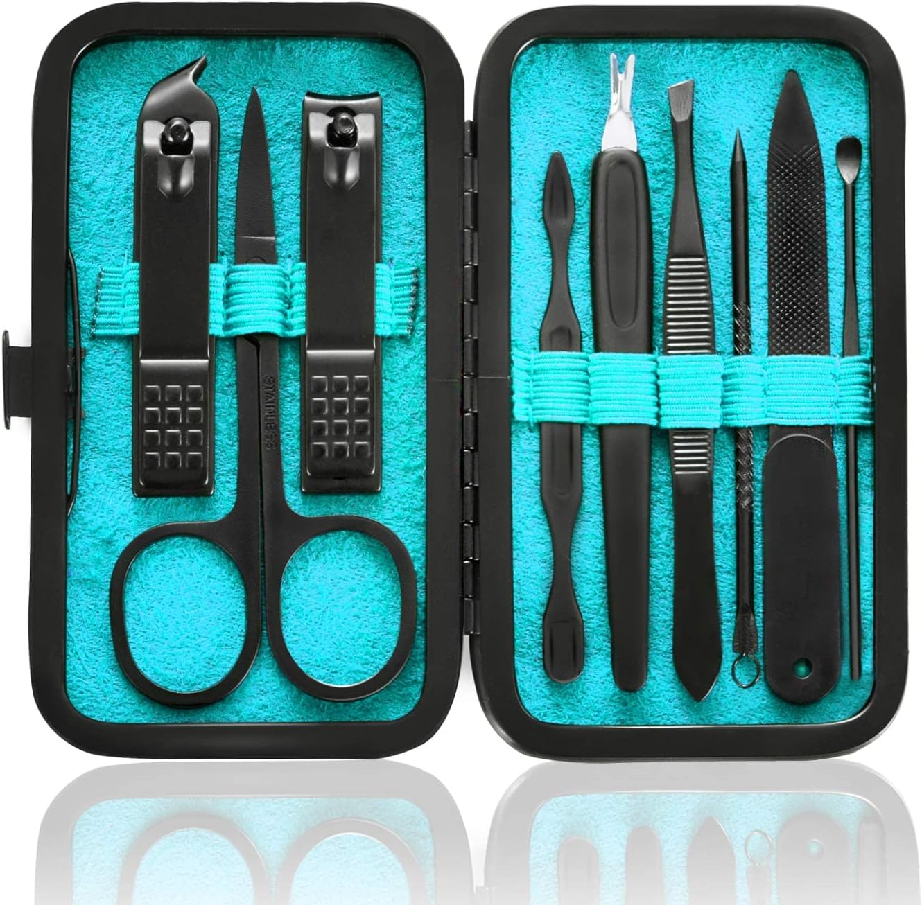 Manicure Set 9 in 1 Stainless Steel, Nail Clippers Scissors Pedicure Tools Kit - Portable Travel Grooming Kit for Men and Women with Black/Red Leather Case (Blue)